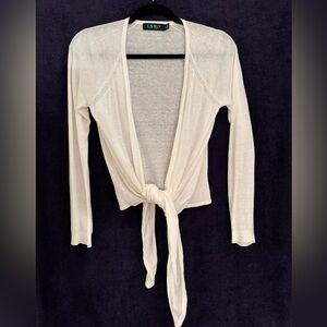Lauren by Ralph Lauren ivory linen tie-front cardigan sweater - M